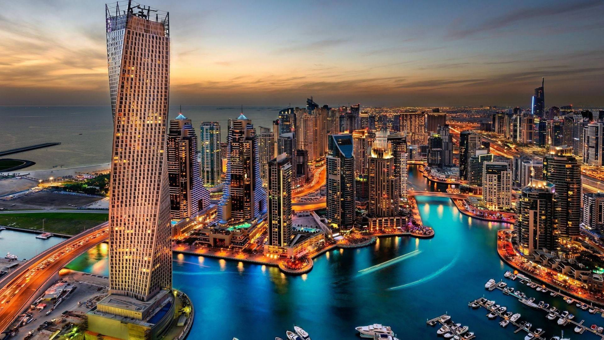 Dubai Marina towers and yacht basin at dusk
