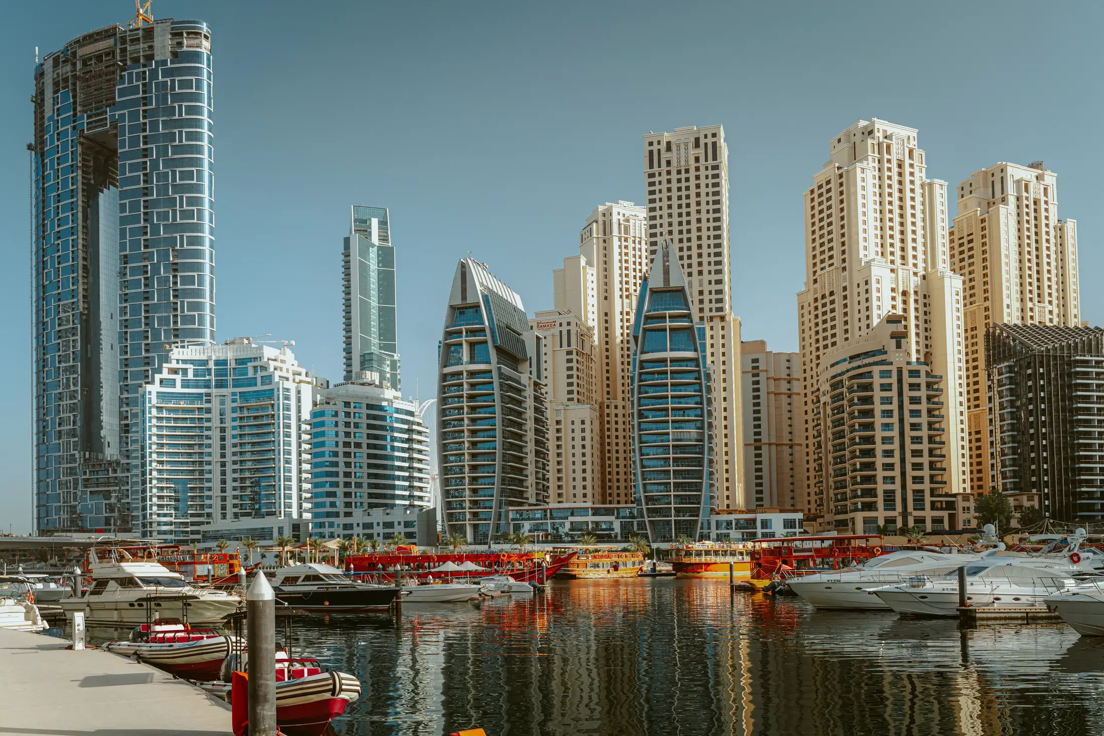 Dubai Marina, its berths and the towers along the water