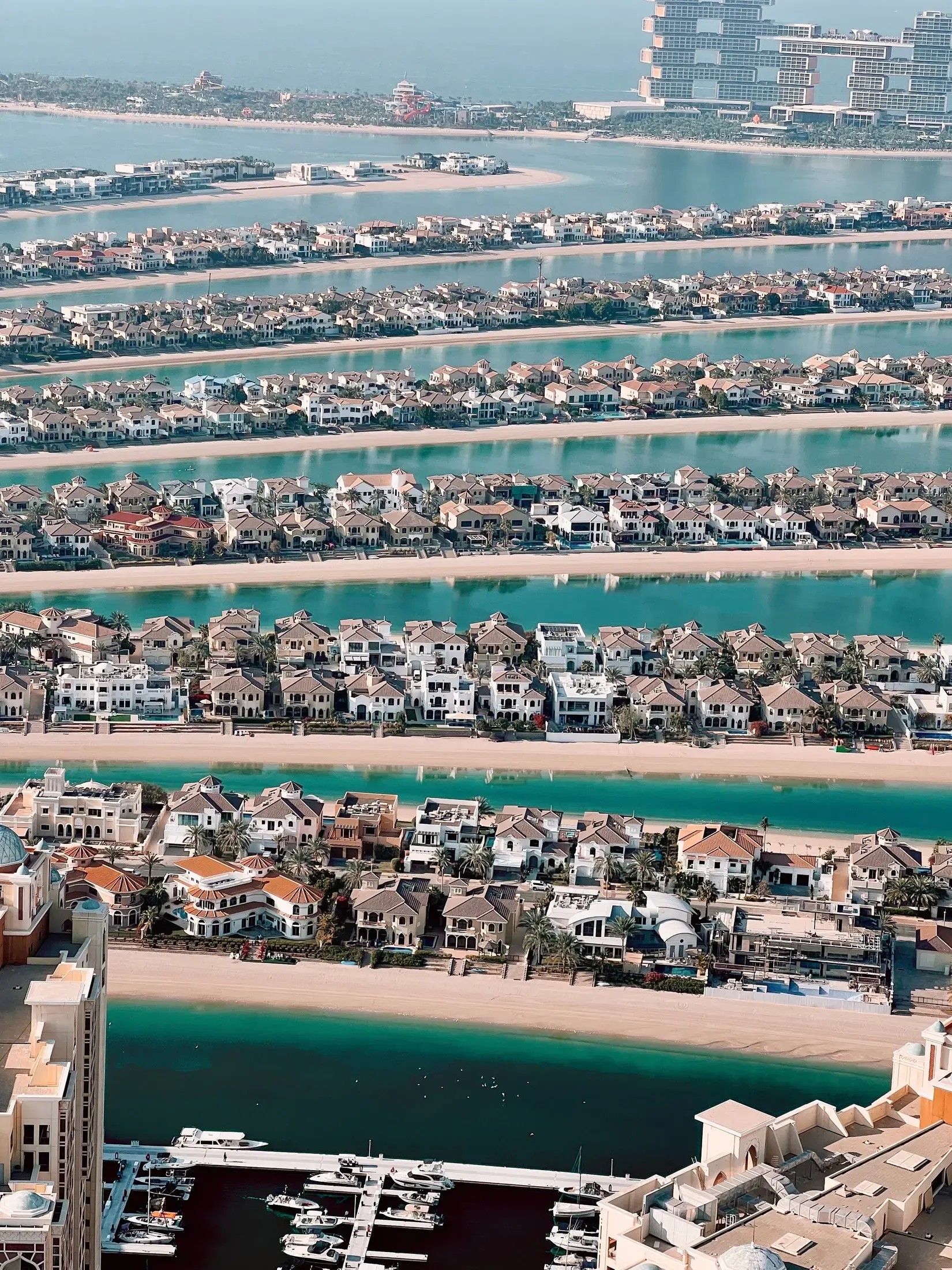 Villas along the fronds of Palm Jumeirah, seen from the air