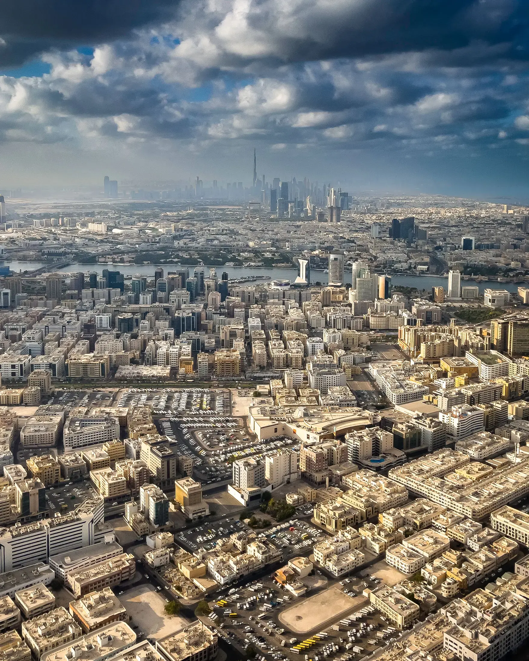 Dubai from the air, the Creek in the middle distance and the skyline beyond