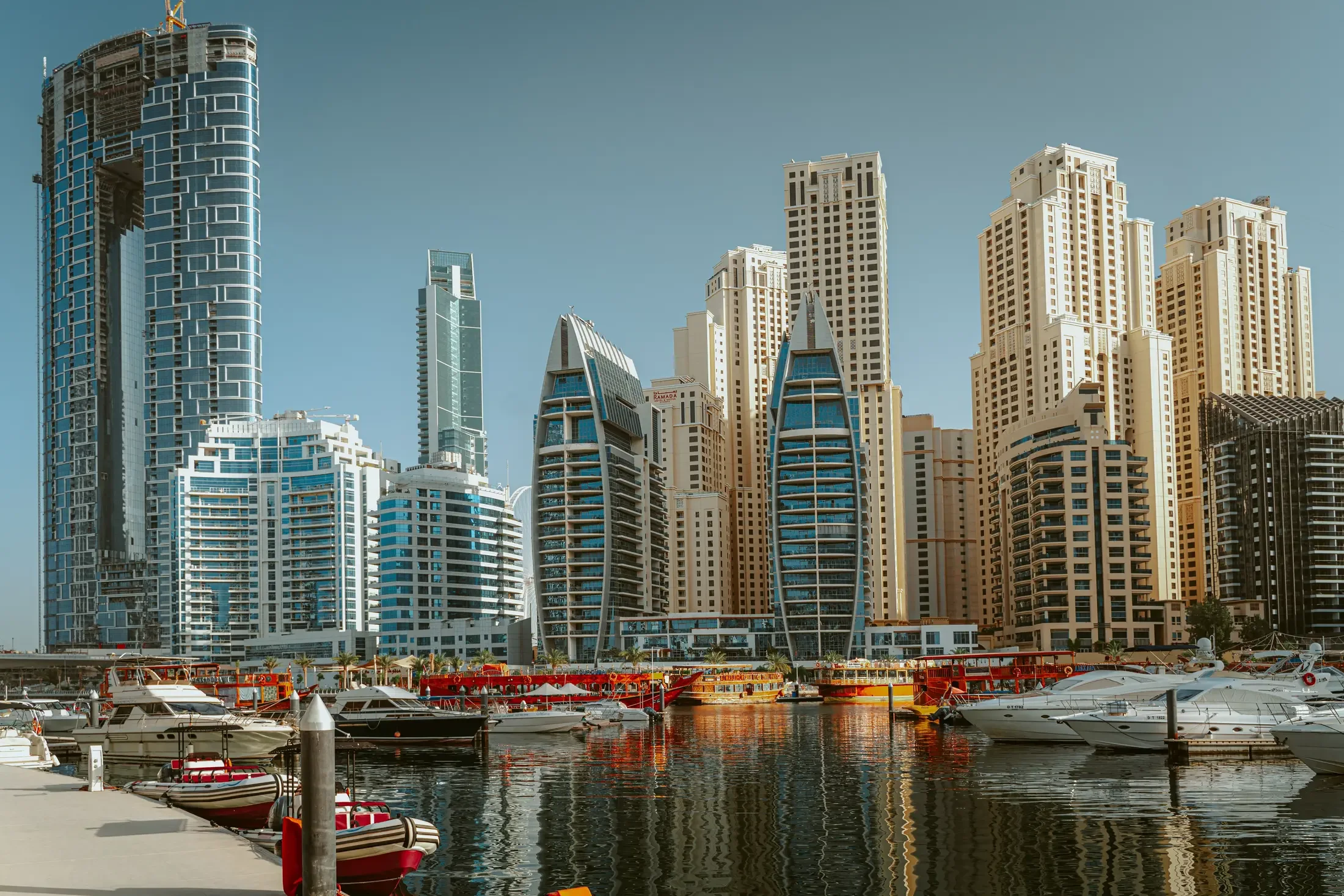 Dubai Marina, its berths and the towers along the water